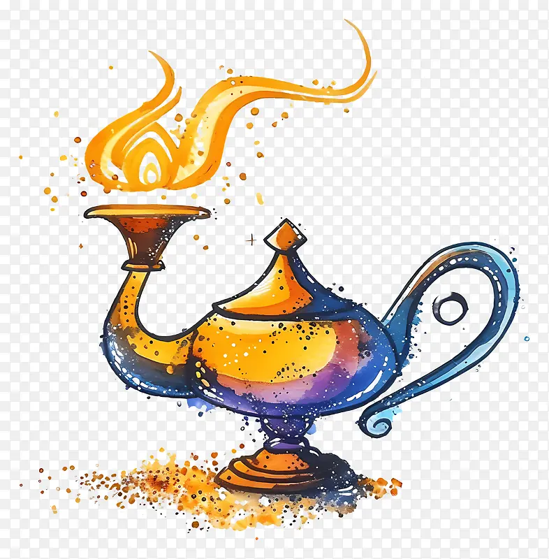 水彩神灯-带有火焰的蓝色/金色烛台水彩画PNG图片素材下载_图片编号11414390-PNG素材网