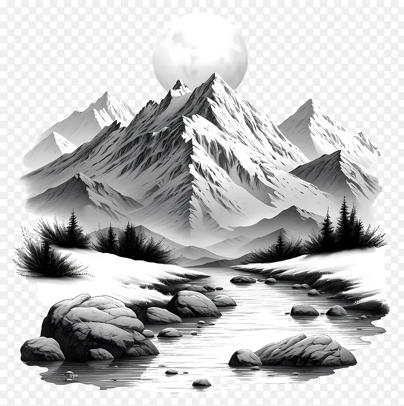 雪山森林河流月光风景插画PNG图片素材下载_图片编号11424228-PNG素材网
