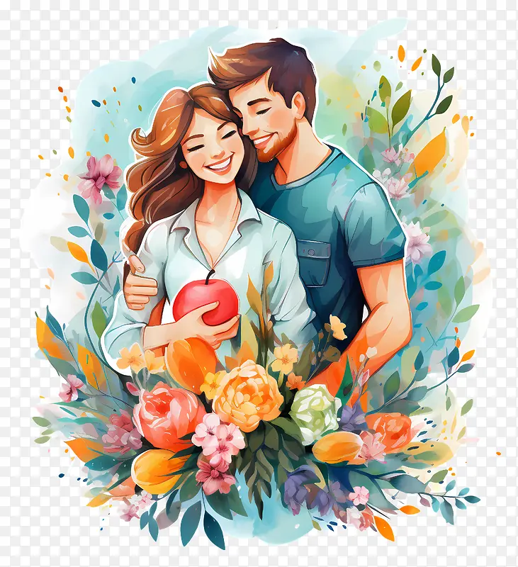 浪漫情侣拥抱花卉插画PNG图片素材下载_图片编号11426530-PNG素材网