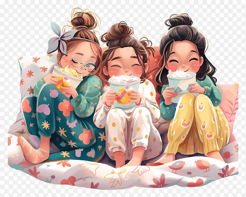 温馨夜晚,三女孩舒适穿衣品饮PNG图片素材下载_图片编号11473314-PNG素材网