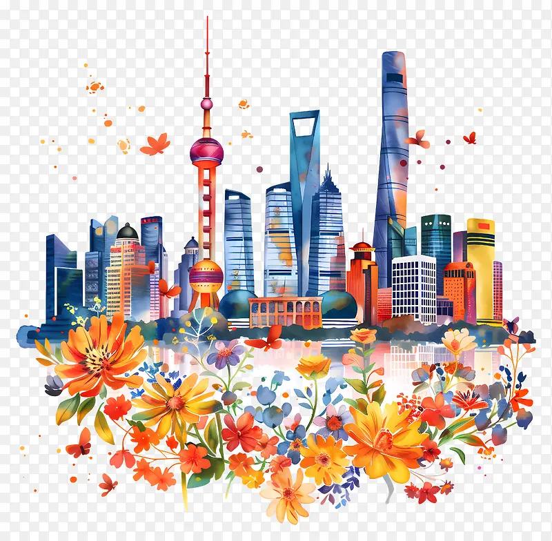 上海城市风光水彩画PNG图片素材下载_图片编号11488230-PNG素材网