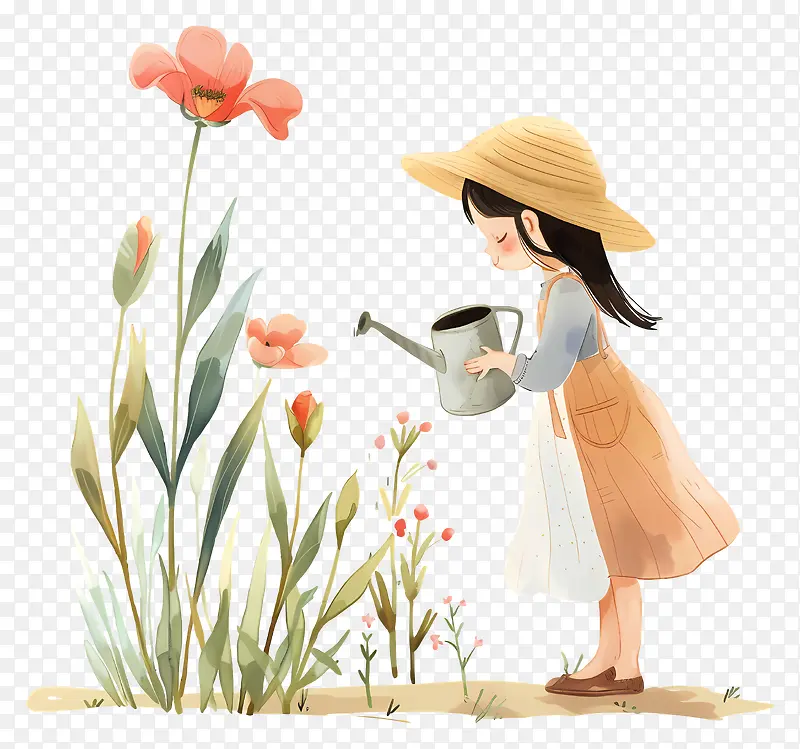 女孩浇花插画PNG图片素材下载_图片编号11501935-PNG素材网