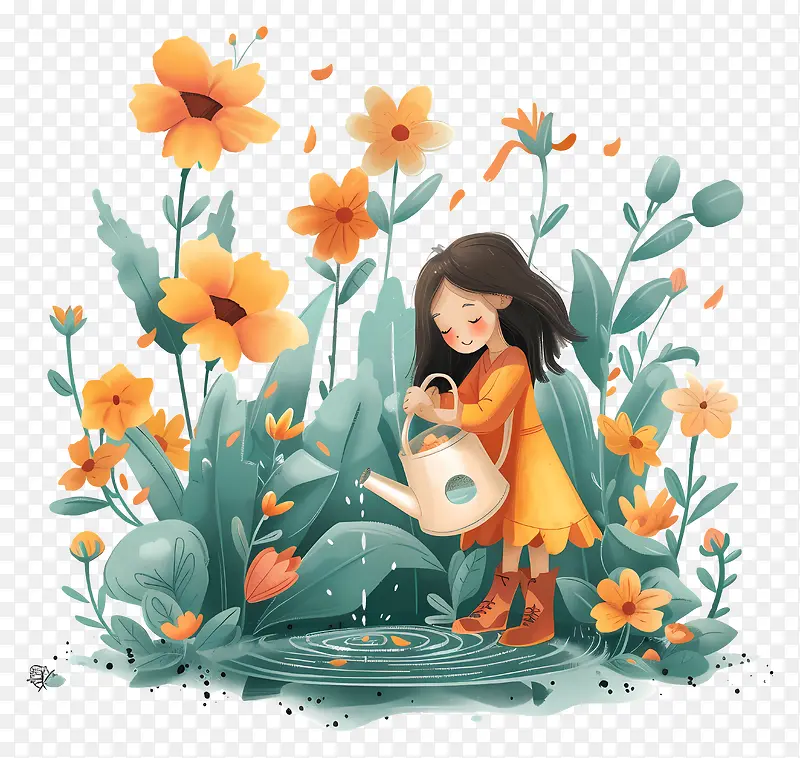 小女孩浇花插画PNG图片素材下载_图片编号11503215-PNG素材网