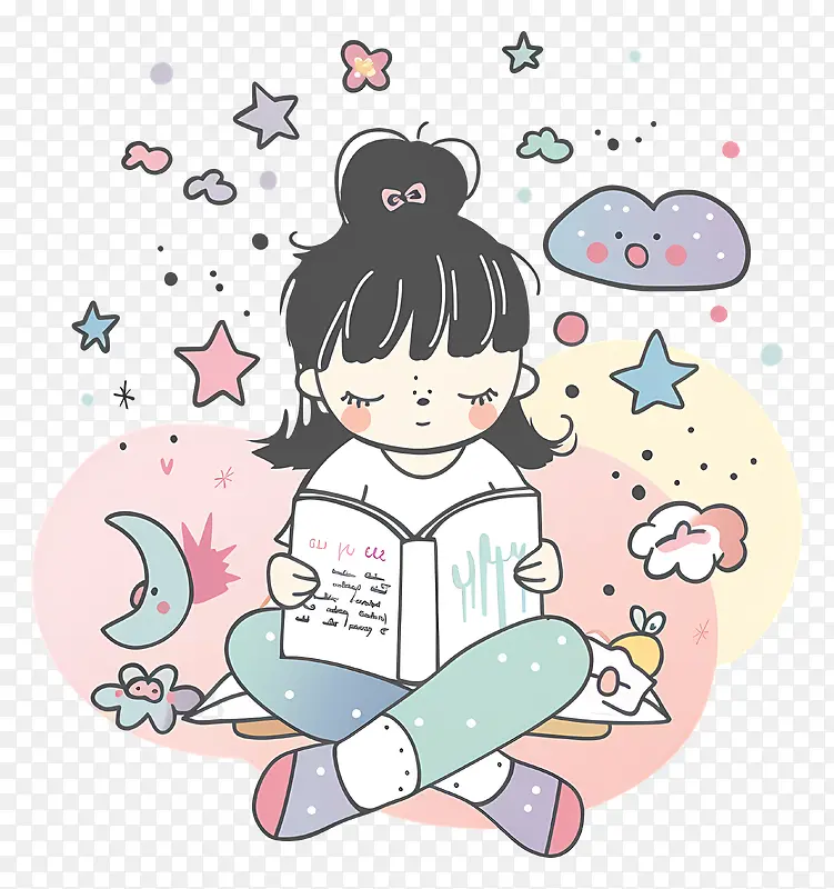 可爱女孩读书场景插画PNG图片素材下载_图片编号11503617-PNG素材网