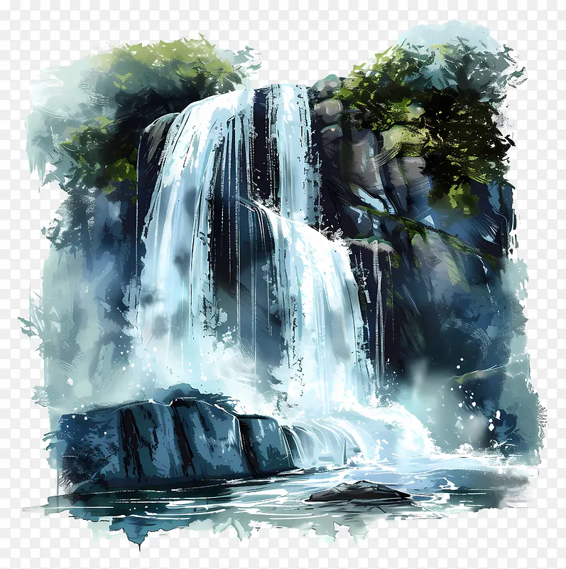 瀑布森林背景水彩风景插画PNG图片素材下载_图片编号11524274-PNG素材网