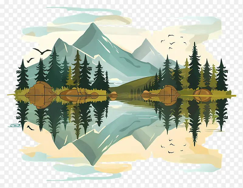 山林湖泊风景插画PNG图片素材下载_图片编号11530122-PNG素材网