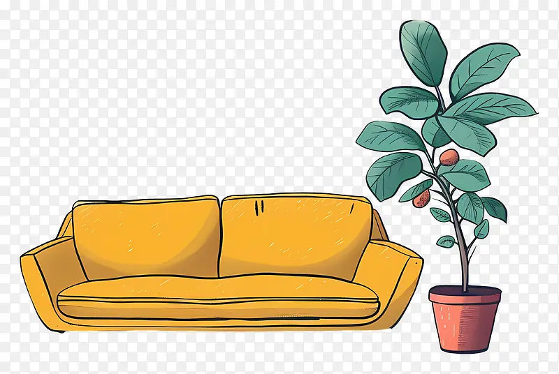 黄色沙发与绿植插画PNG图片素材下载_图片编号11590695-PNG素材网